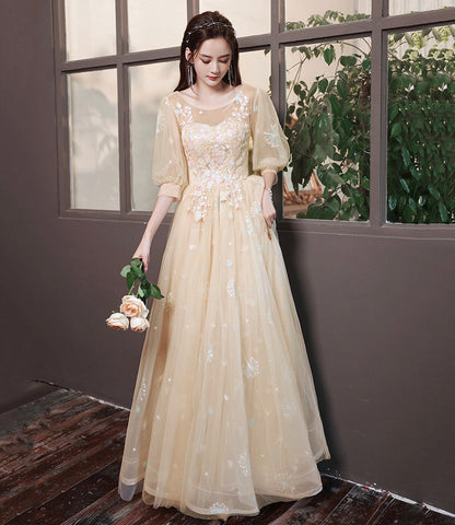 Champagne tulle lace long prom gown evening gown  8944