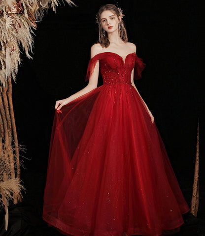 Burgundy tulle beads long prom dress A line evening gown  10428
