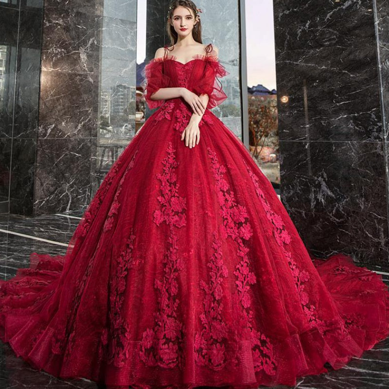 Burgundy lace long A line ball gown dress formal dress  10099