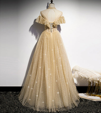 Gold tulle sequins long ball gown dress formal dress  8549