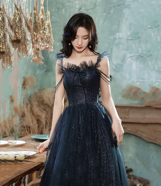 Blue tulle sequins long prom dress blue evening dress  10253