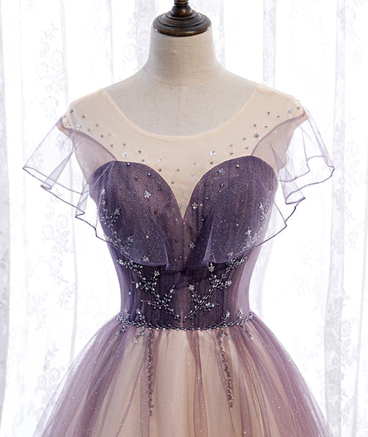 Elegant tulle sequins prom dress A line evening dress  8376