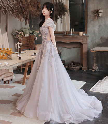 Cute tulle sequins long prom dress evening dress  10251