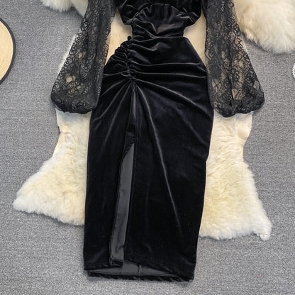Black V Neck Velvet Dress Long Sleeve Dress  10925