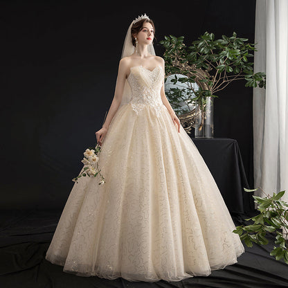Champagne tulle sequins long ball gown dress  10087