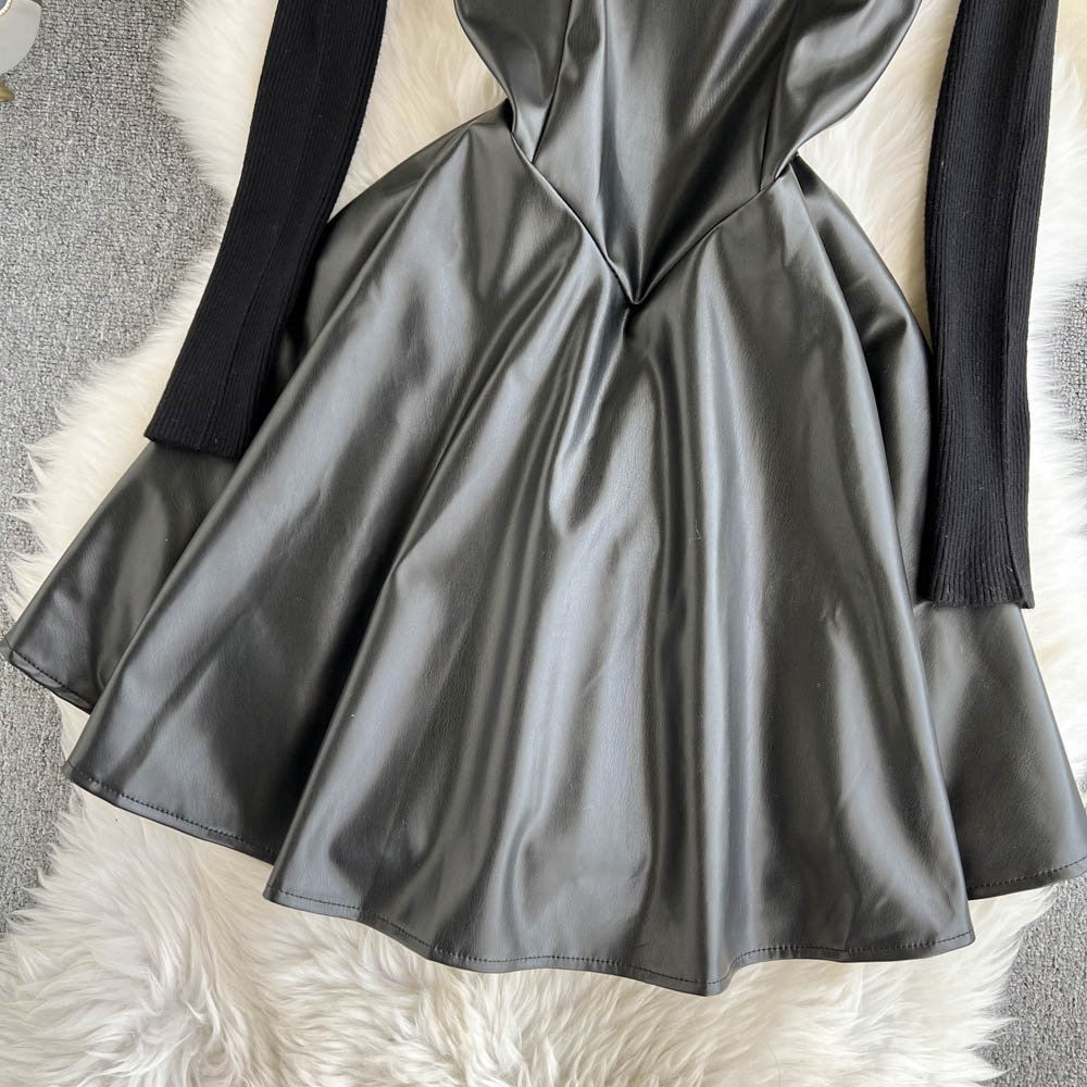 Fashionable Knitted Base Sweater + A Line PU Leather Dress Fashion Dress  10885