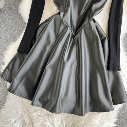 Fashionable Knitted Base Sweater + A Line PU Leather Dress Fashion Dress  10885