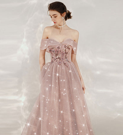 Shiny sequins prom dress pink evening dress  8235