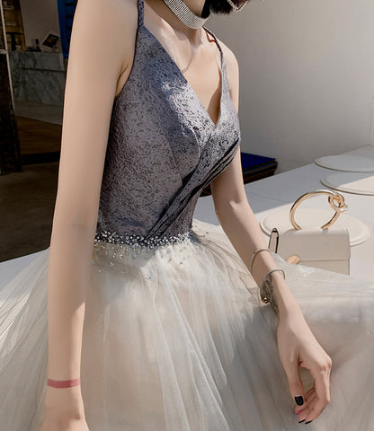 Gray tulle beads long prom dress A line evening dress  10514