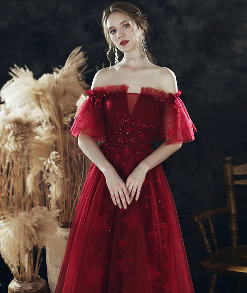 Burgundy sequins long prom dress  8340