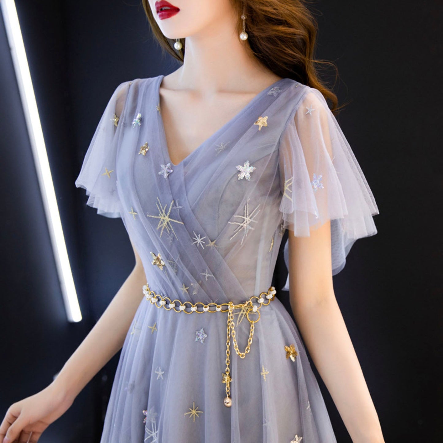 Blue v neck tulle long prom dress blue evening dress  10640