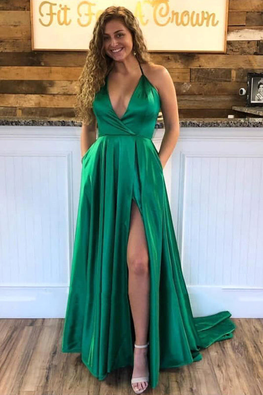 Green Satin A-line Deep V-Neck Long Prom Dress With Pocket,WP099