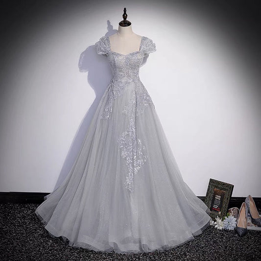 Gray tulle lace long prom dress A line evenig gown  10081
