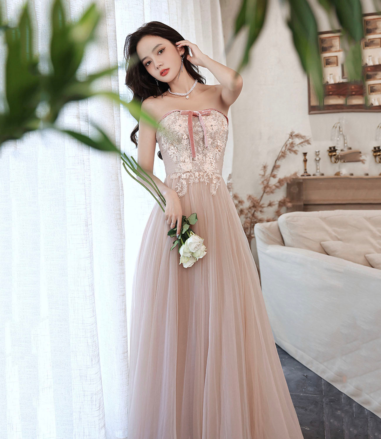 Pink tulle lace long prom dress pink evening dress  10628