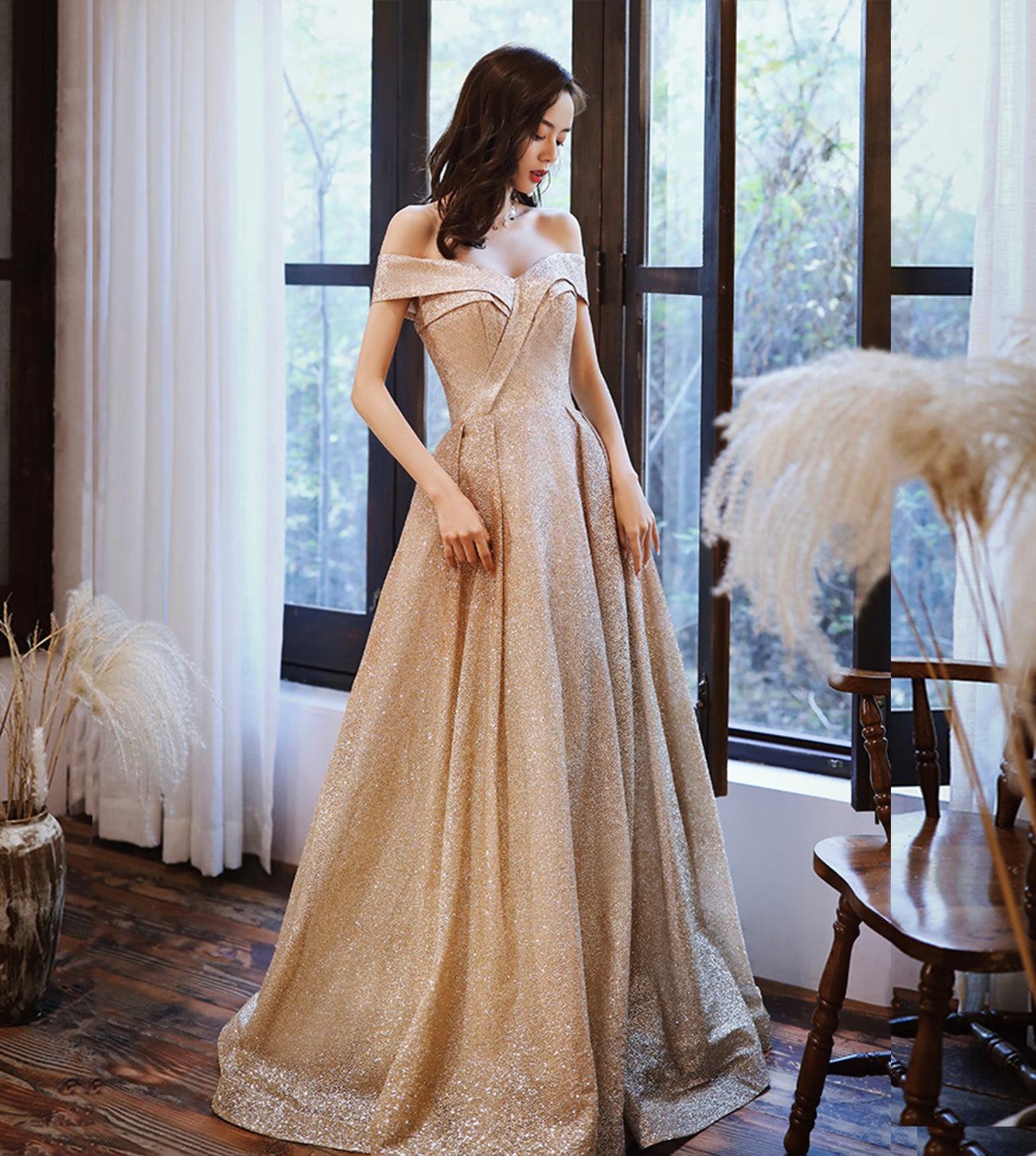 Gold sequins long A line prom dress evening dress  8573