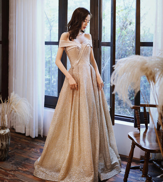Gold sequins long A line prom dress evening dress  8573