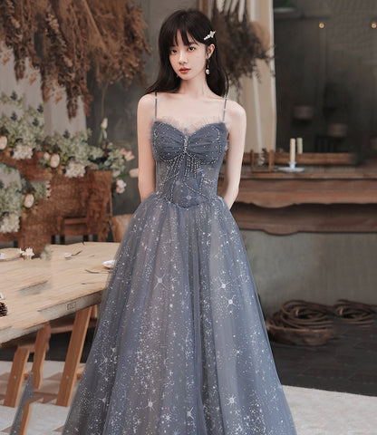 Gray tulle long prom dress A line evening dress  10489