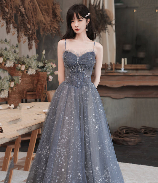 Gray tulle long prom dress A line evening dress  10489