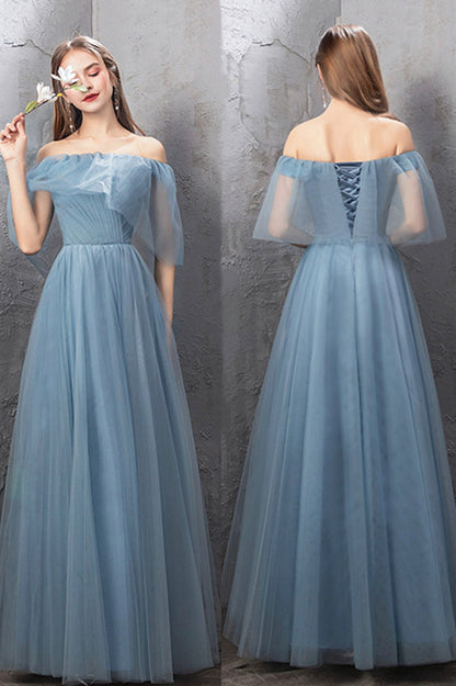 Blue tulle long A line prom dress blue evening dress  10588