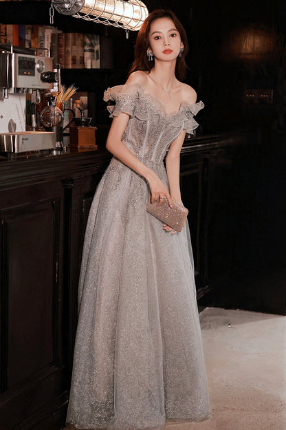 Gray tulle sequins long prom dress A line evening dress  10627