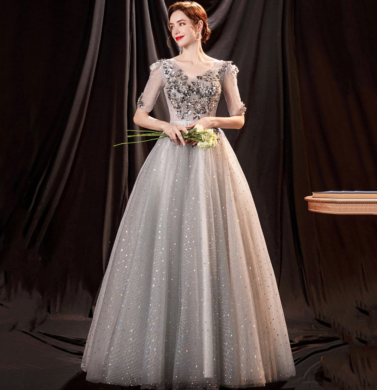 Gray tulle sequins long ball gown dress formal dress  10147