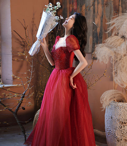 Burgundy tulle beads long prom dress evening gown  10315