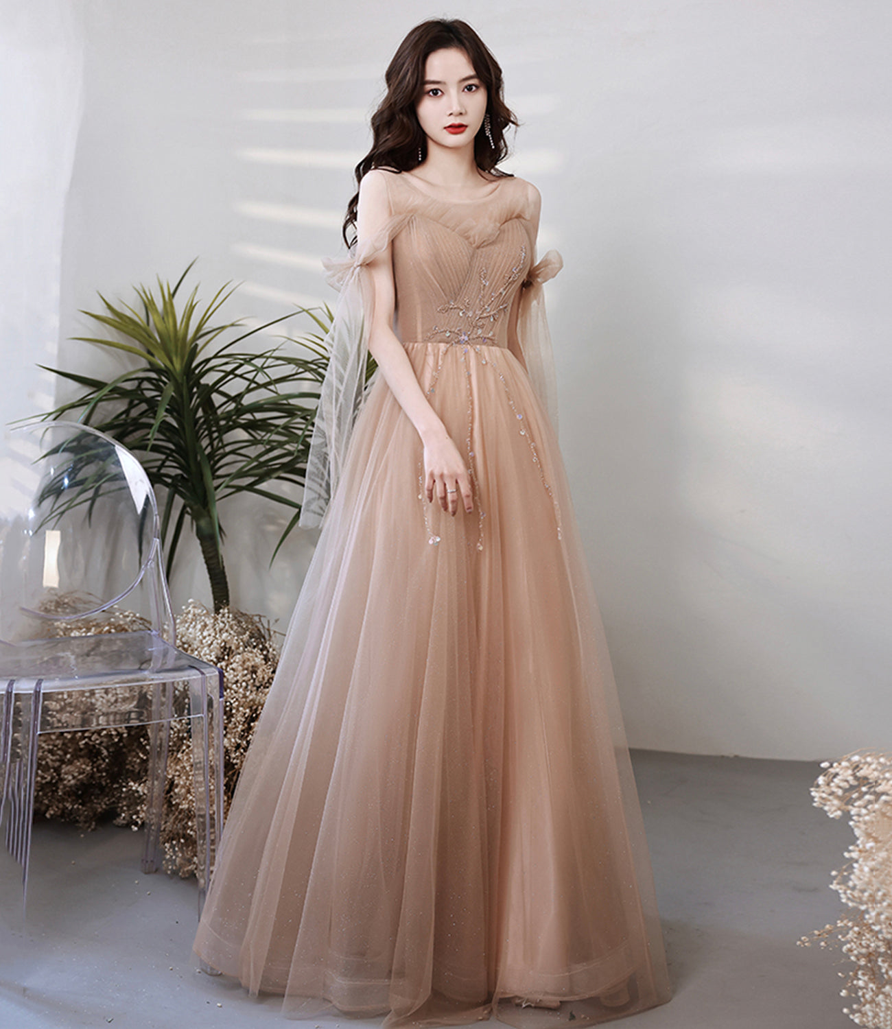 Cute tulle sequins long A line prom dress evening dress  8705