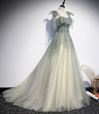 Green tulle sequins long prom dress evening gown  10474