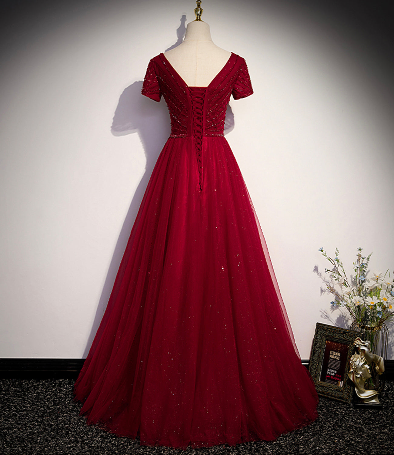 Burgundy tulle beads long ball gown dress formal dress  10141