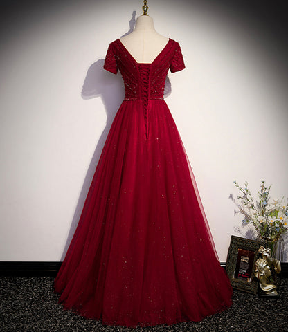 Burgundy tulle beads long ball gown dress formal dress  10141