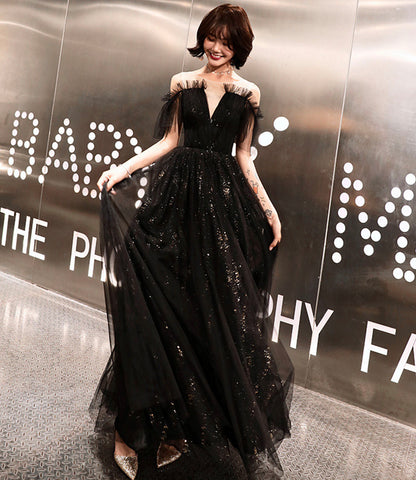Black tulle long prom dress A line evening dress  10317