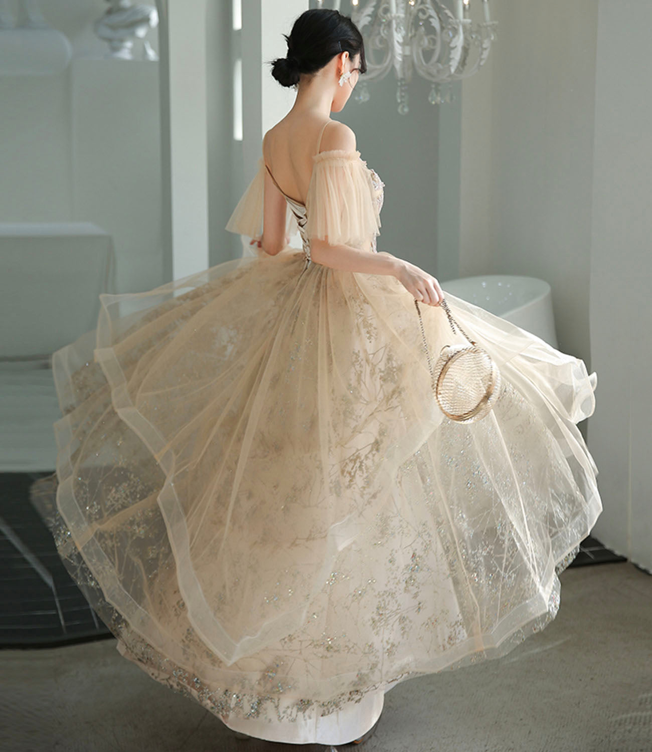 Champagne tulle lace long prom dress A line evening dress  10339