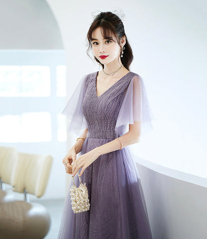 Purple tulle sequins long prom dress A line evening dress  10462