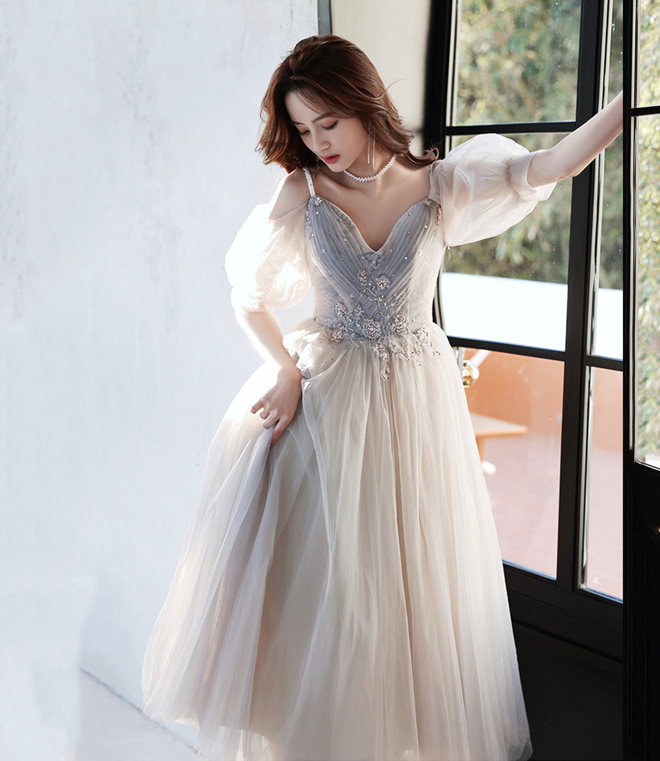 Cute tulle lace A line prom dress lace evening dress  10560