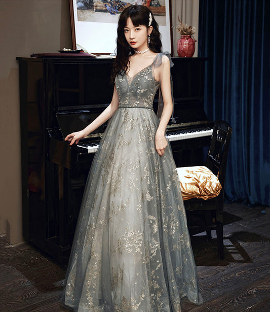 Gray tulle sequins A line prom dress gray evening dress  10433