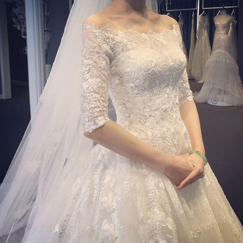 White tulle lace long ball gown dress evening gown  10084