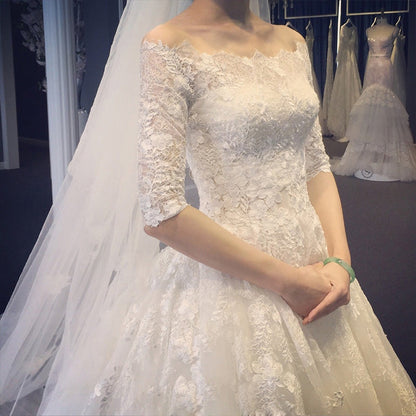 White tulle lace long ball gown dress evening gown  10084