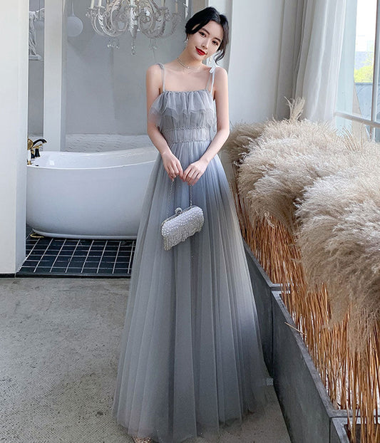Gray tulle sequins long prom dress party dress  8342