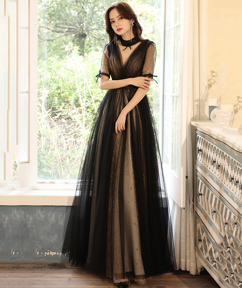 Black tulle long prom dress black evening dress  8529