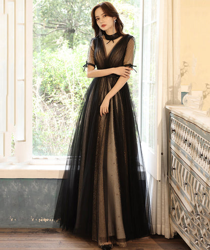 Black tulle long prom dress black evening dress  8529