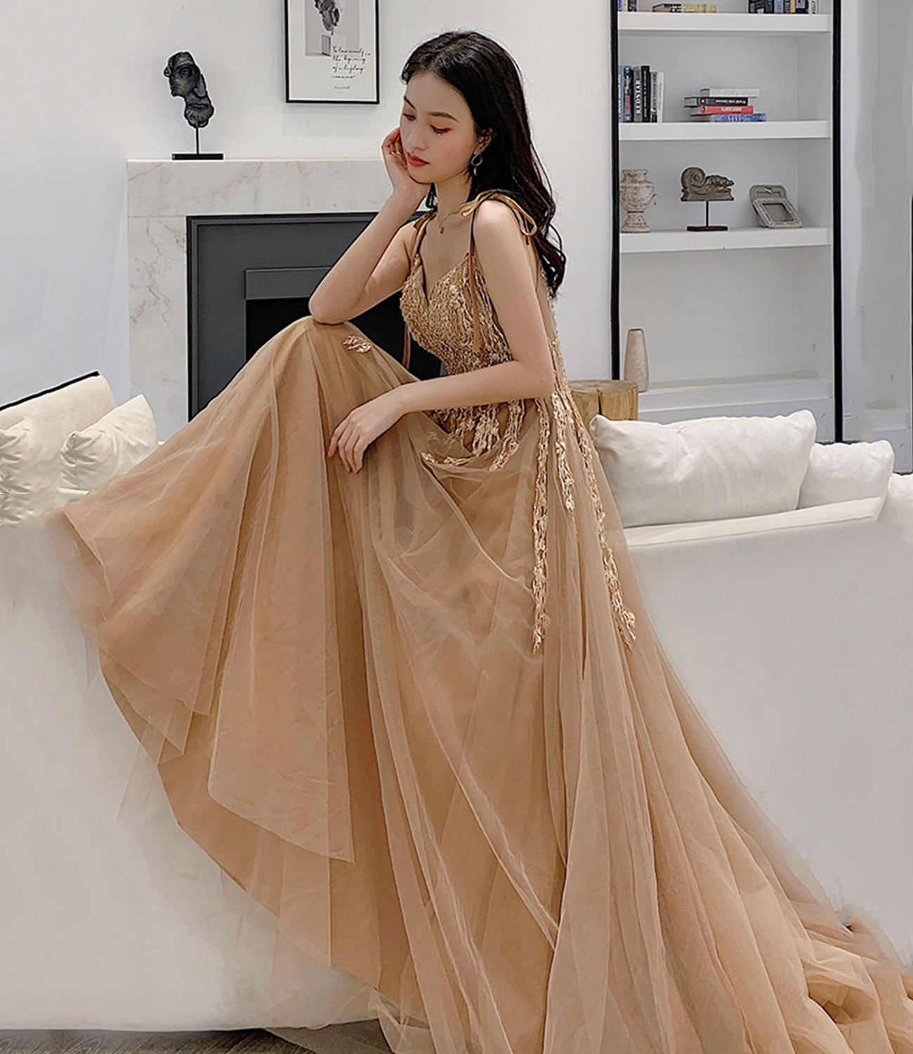 Cute A line v neck lace long prom dress evening dress  10364