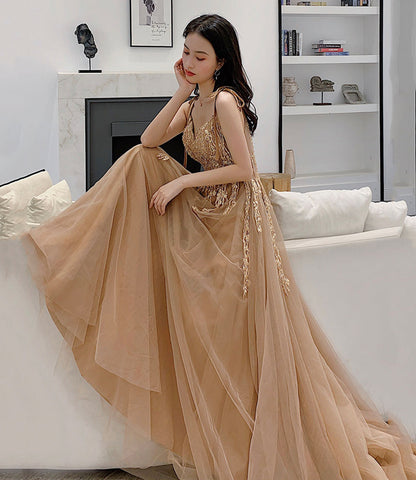 Cute A line v neck lace long prom dress evening dress  10364