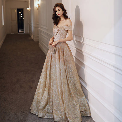 Gold sequins long A line prom dress evening dress  8573
