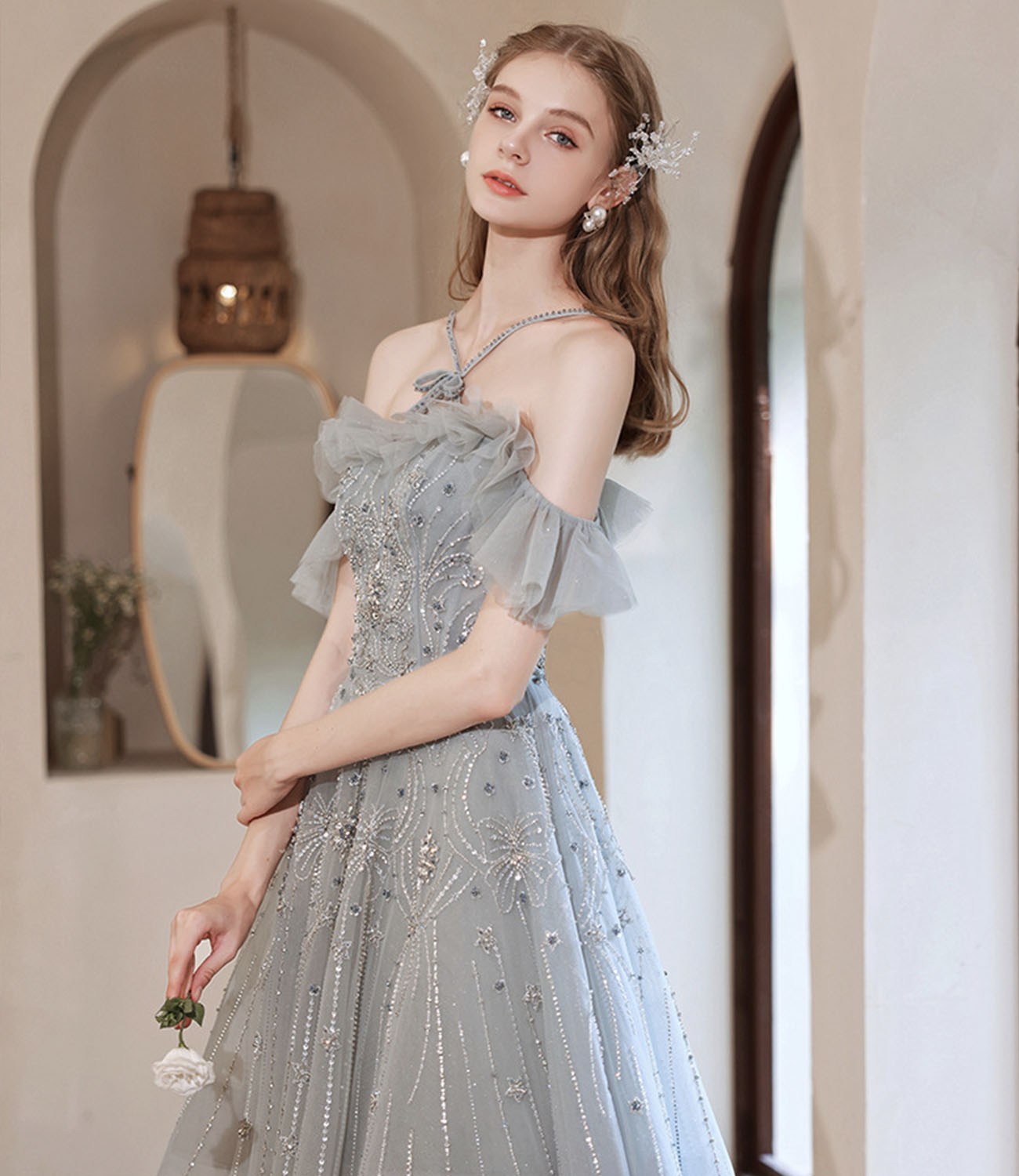 Gray tulle beads long prom dress A line evening dress  10425