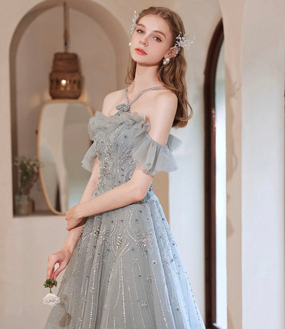 Gray tulle beads long prom dress A line evening dress  10425