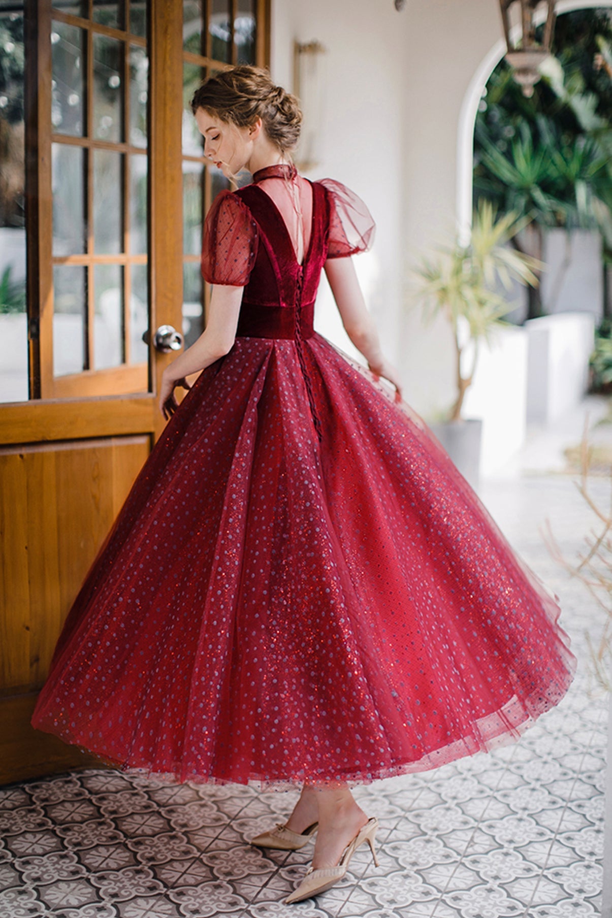 Burgundy tulle short prom dress A line evening dress  8647