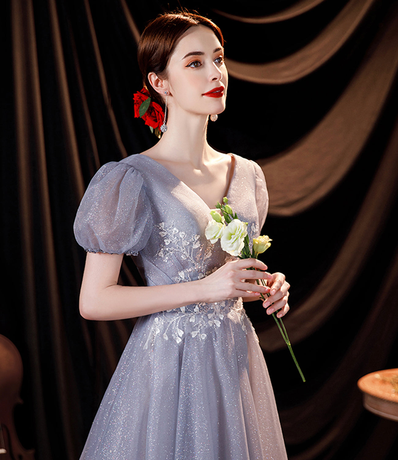 Gray tulle sequins long A line prom dress evening dress  8814