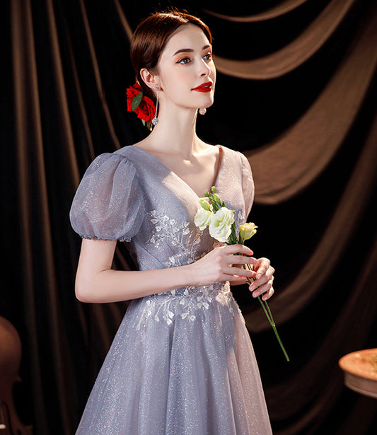 Gray tulle sequins long A line prom dress evening dress  8814