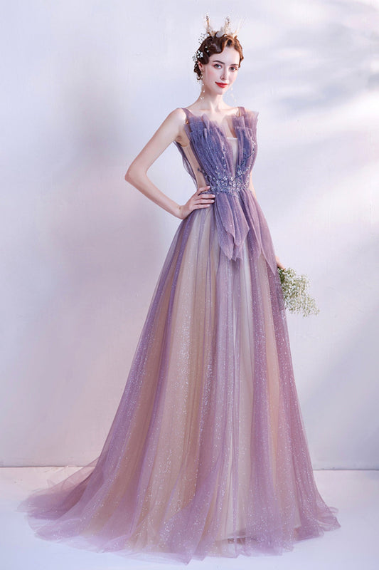 Purple tulle long A line prom dress evening dress  8748