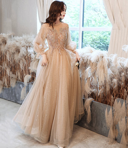 Cute tulle beads long prom dress A line evening dress  10523